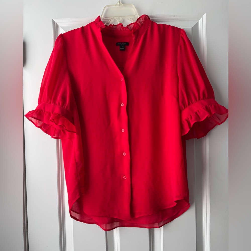 Ann Taylor Ruffle Collar Shirt in Red Chiffon | Size MP